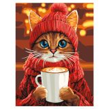 Картина по номерам на картоне ТРИ СОВЫ "Кошечка с какао", 30*40, с акриловыми красками и кистями